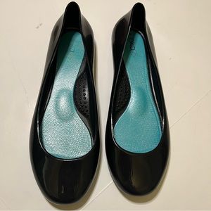 OKA b. Black Patent Ballet Flats with Teal Insoles